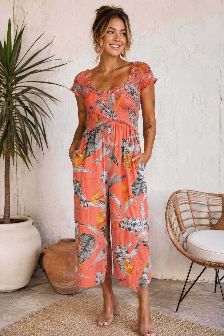 Patrons of Peace Coral Tropical Leaf Print Smocked Off Shoulder Jumpsuit Eurosum